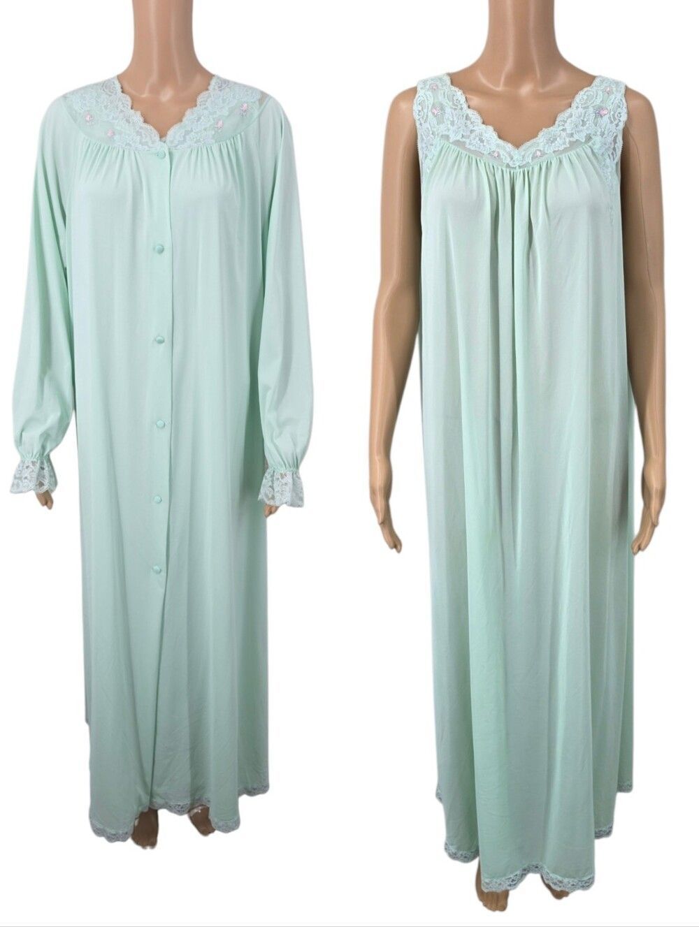 Shadowline Vintage Maxi Length Lace Trim Nightgown and Robe Set Mint